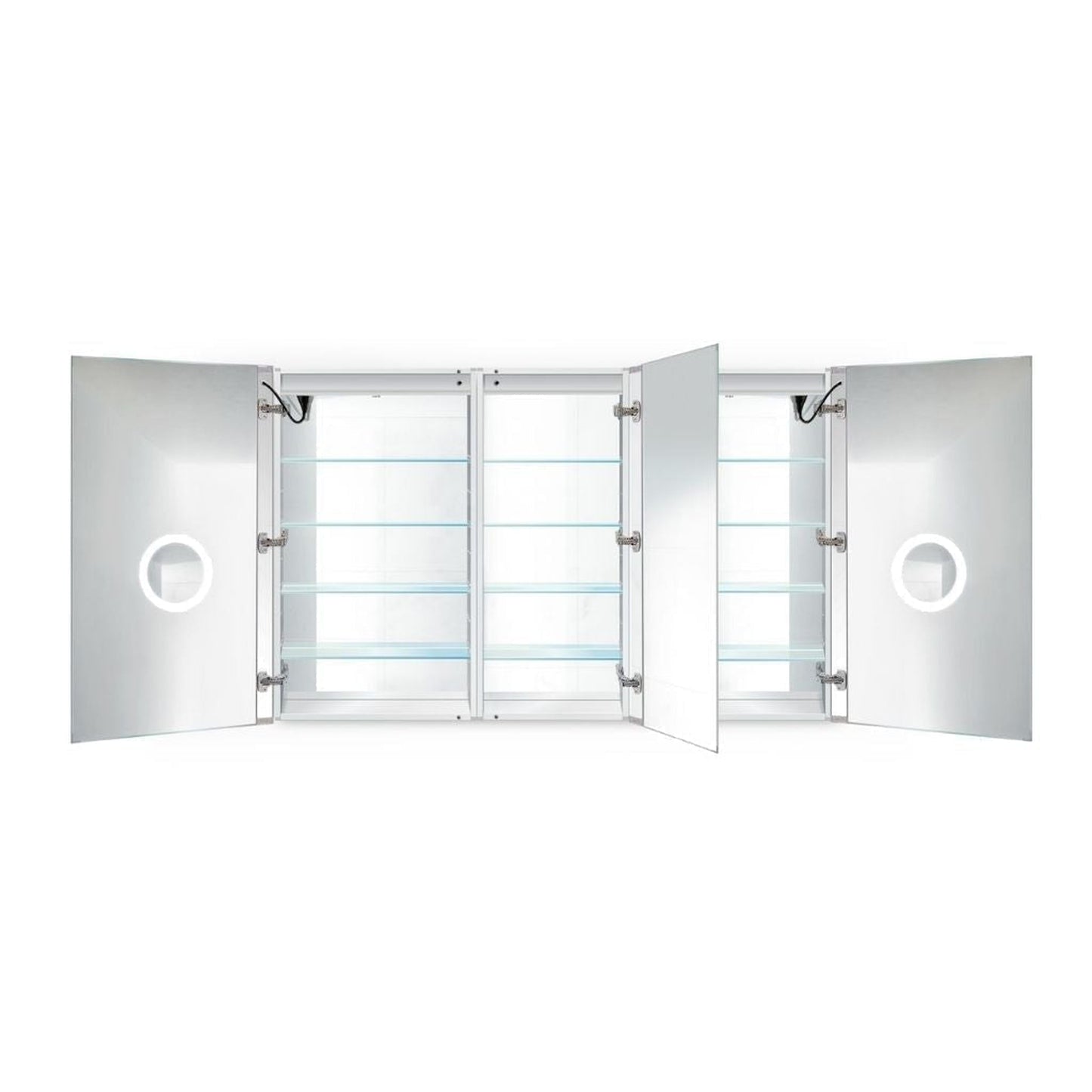 Krugg Reflections Svange 66" x 42" 5000K Double Tri-View Left-Right-Right Opening Recessed/Surface-Mount Illuminated Silver Backed LED Medicine Cabinet Mirror With Built-in Defogger, Dimmer and Electrical Outlet