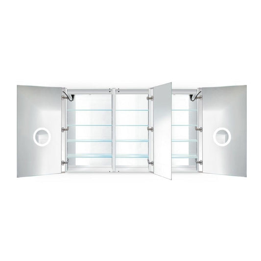 Krugg Reflections Svange 66" x 42" 5000K Double Tri-View Left-Right-Right Opening Recessed/Surface-Mount Illuminated Silver Backed LED Medicine Cabinet Mirror With Built-in Defogger, Dimmer and Electrical Outlet