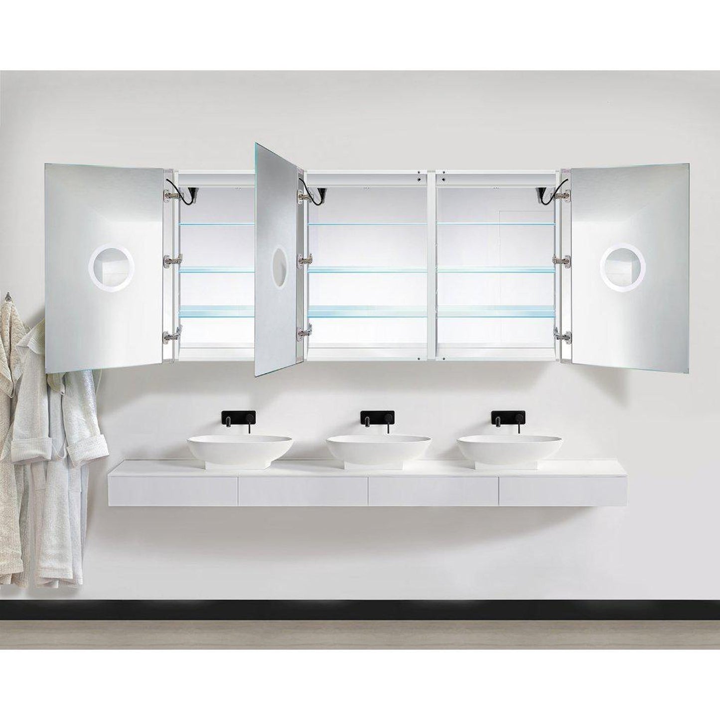 Krugg Reflections Svange 72" x 36" 5000K Tri-View Left-Left-Right Opening Recessed/Surface-Mount Illuminated Silver Backed LED Medicine Cabinet Mirror With Built-in Defogger, Dimmer and Electrical Outlet