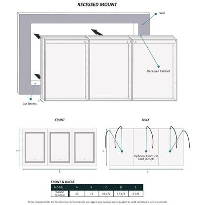 Krugg Reflections Svange 72" x 36" 5000K Tri-View Left-Left-Right Opening Recessed/Surface-Mount Illuminated Silver Backed LED Medicine Cabinet Mirror With Built-in Defogger, Dimmer and Electrical Outlet