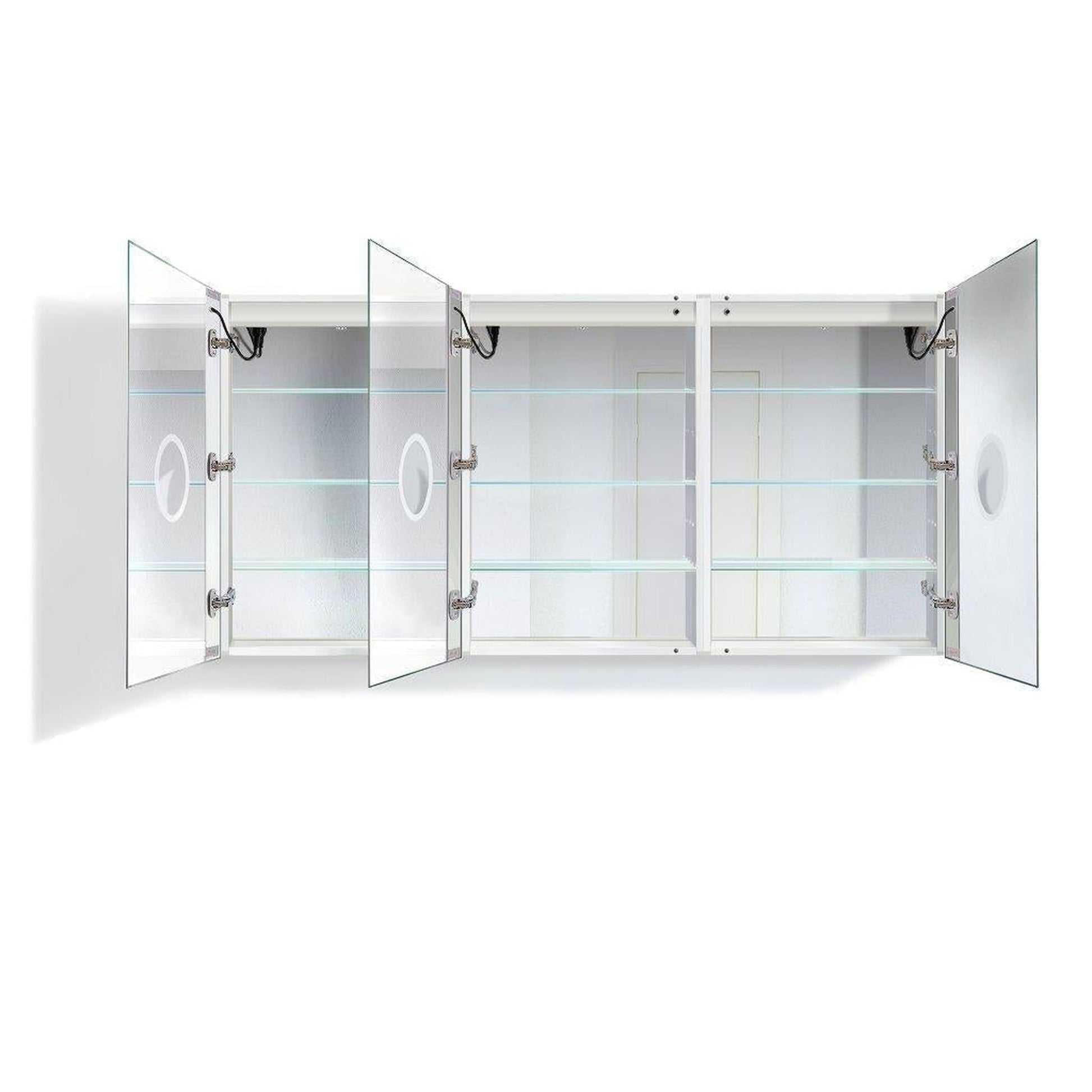 Krugg Reflections Svange 72" x 36" 5000K Tri-View Left-Left-Right Opening Recessed/Surface-Mount Illuminated Silver Backed LED Medicine Cabinet Mirror With Built-in Defogger, Dimmer and Electrical Outlet