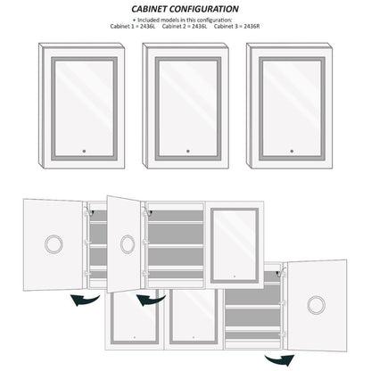 Krugg Reflections Svange 72" x 36" 5000K Tri-View Left-Left-Right Opening Recessed/Surface-Mount Illuminated Silver Backed LED Medicine Cabinet Mirror With Built-in Defogger, Dimmer and Electrical Outlet