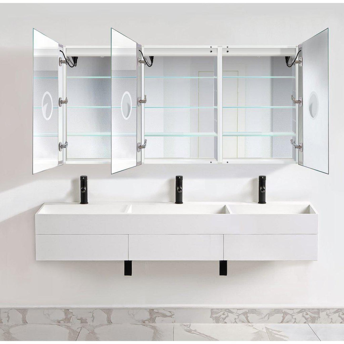 Krugg Reflections Svange 72" x 36" 5000K Tri-View Left-Left-Right Opening Recessed/Surface-Mount Illuminated Silver Backed LED Medicine Cabinet Mirror With Built-in Defogger, Dimmer and Electrical Outlet