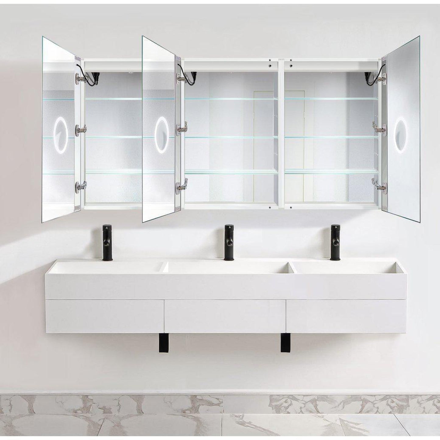 Krugg Reflections Svange 72" x 36" 5000K Tri-View Left-Left-Right Opening Recessed/Surface-Mount Illuminated Silver Backed LED Medicine Cabinet Mirror With Built-in Defogger, Dimmer and Electrical Outlet