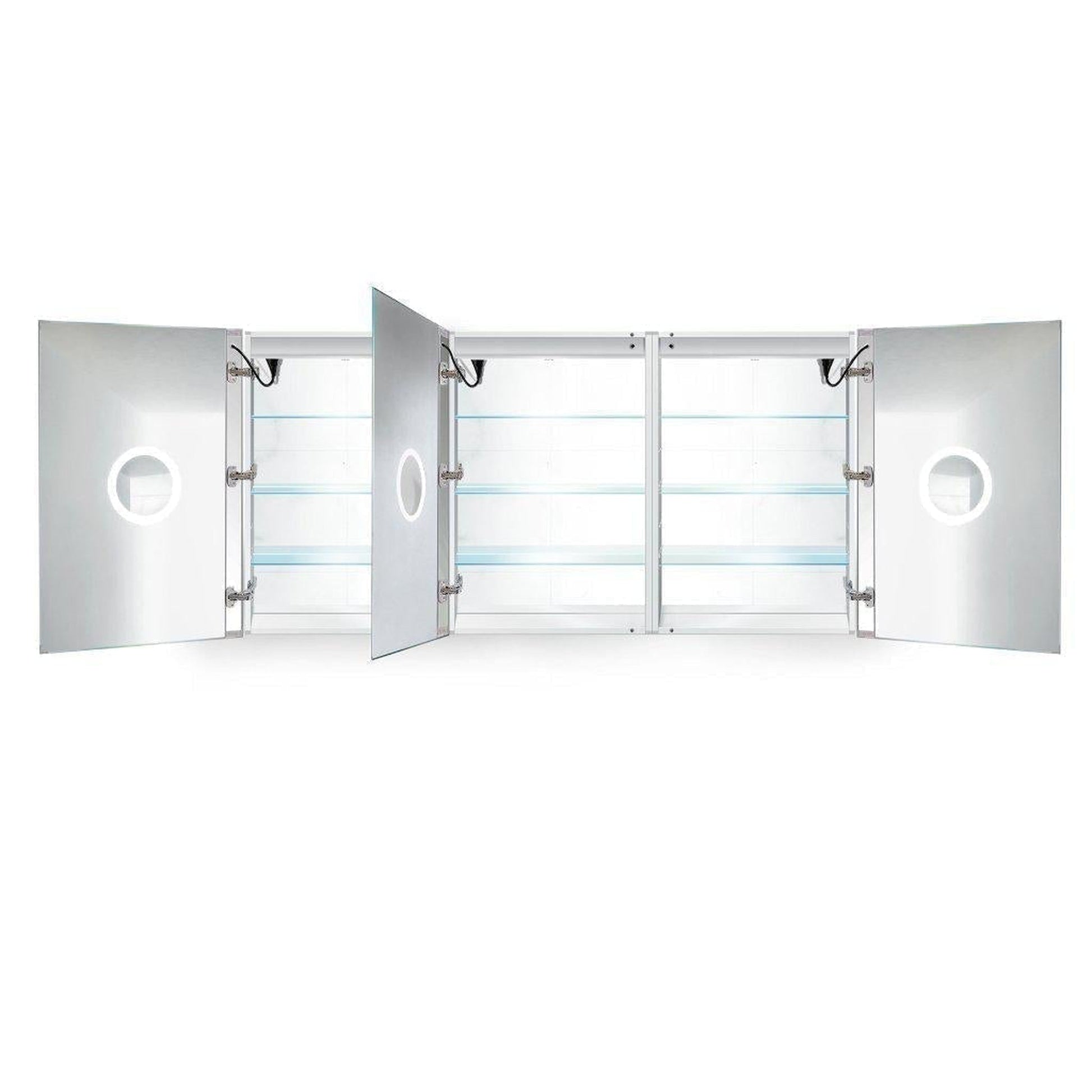 Krugg Reflections Svange 72" x 36" 5000K Tri-View Left-Left-Right Opening Recessed/Surface-Mount Illuminated Silver Backed LED Medicine Cabinet Mirror With Built-in Defogger, Dimmer and Electrical Outlet