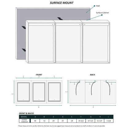 Krugg Reflections Svange 72" x 36" 5000K Tri-View Left-Left-Right Opening Recessed/Surface-Mount Illuminated Silver Backed LED Medicine Cabinet Mirror With Built-in Defogger, Dimmer and Electrical Outlet