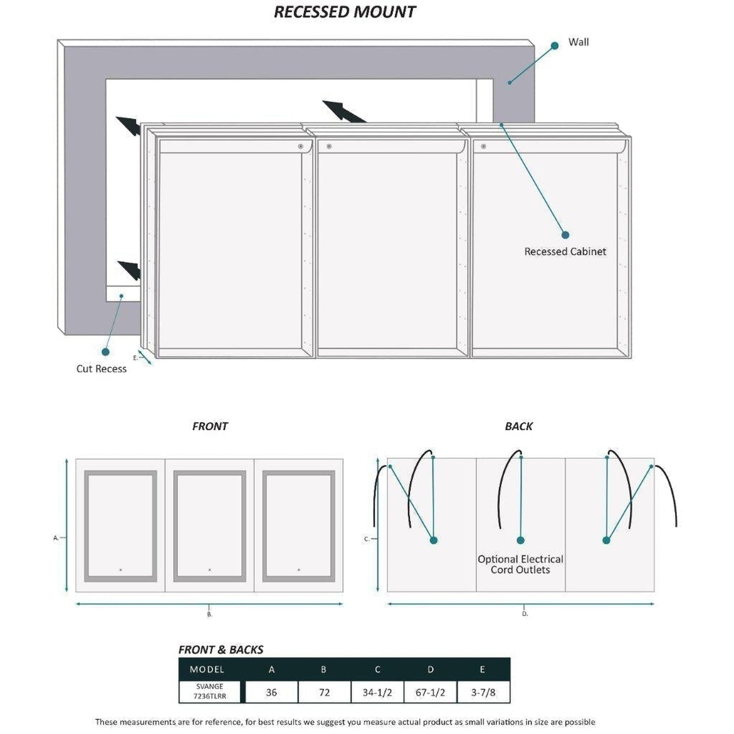 Krugg Reflections Svange 72" x 36" 5000K Tri-View Left-Right-Right Opening Recessed/Surface-Mount Illuminated Silver Backed LED Medicine Cabinet Mirror With Built-in Defogger, Dimmer and Electrical Outlet