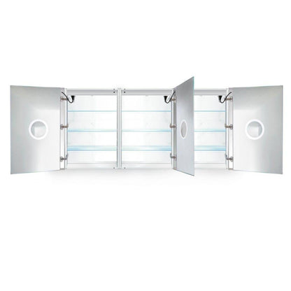 Krugg Reflections Svange 72" x 36" 5000K Tri-View Left-Right-Right Opening Recessed/Surface-Mount Illuminated Silver Backed LED Medicine Cabinet Mirror With Built-in Defogger, Dimmer and Electrical Outlet