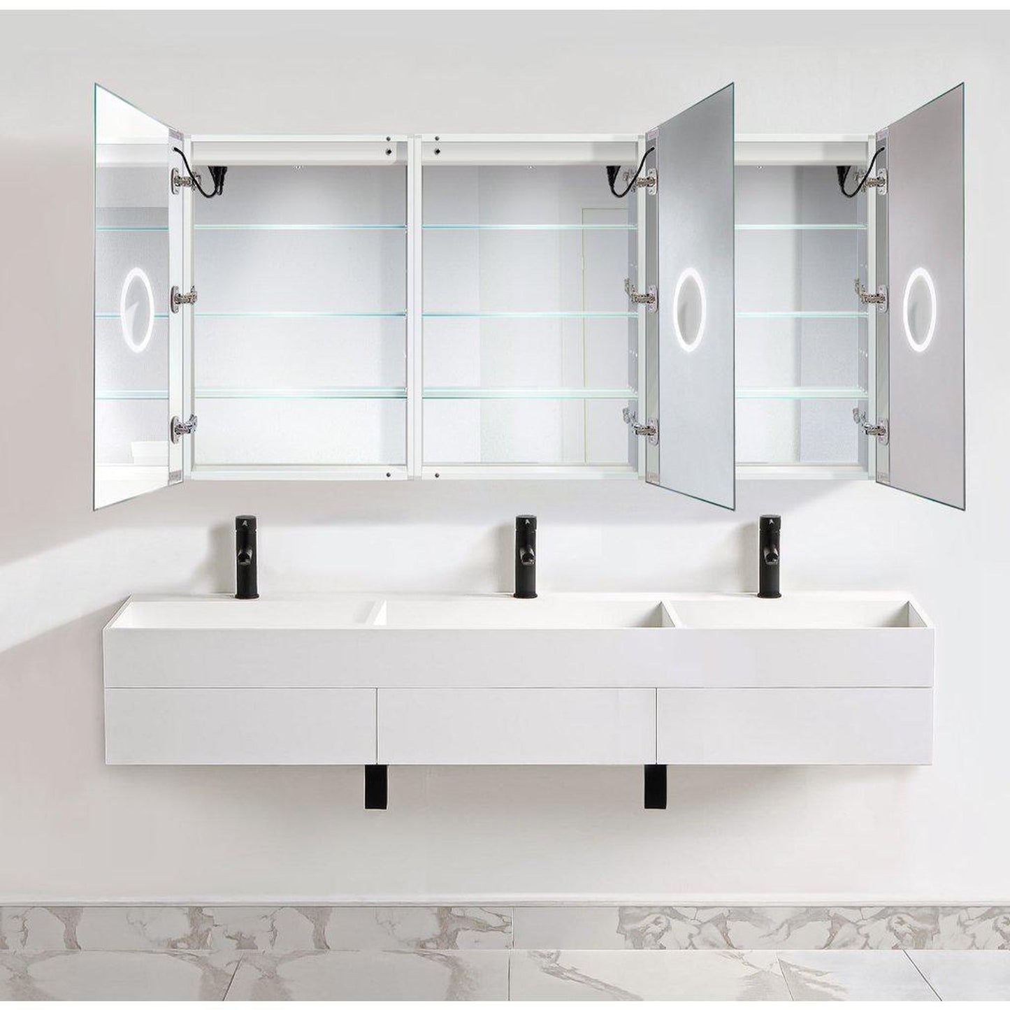 Krugg Reflections Svange 72" x 36" 5000K Tri-View Left-Right-Right Opening Recessed/Surface-Mount Illuminated Silver Backed LED Medicine Cabinet Mirror With Built-in Defogger, Dimmer and Electrical Outlet