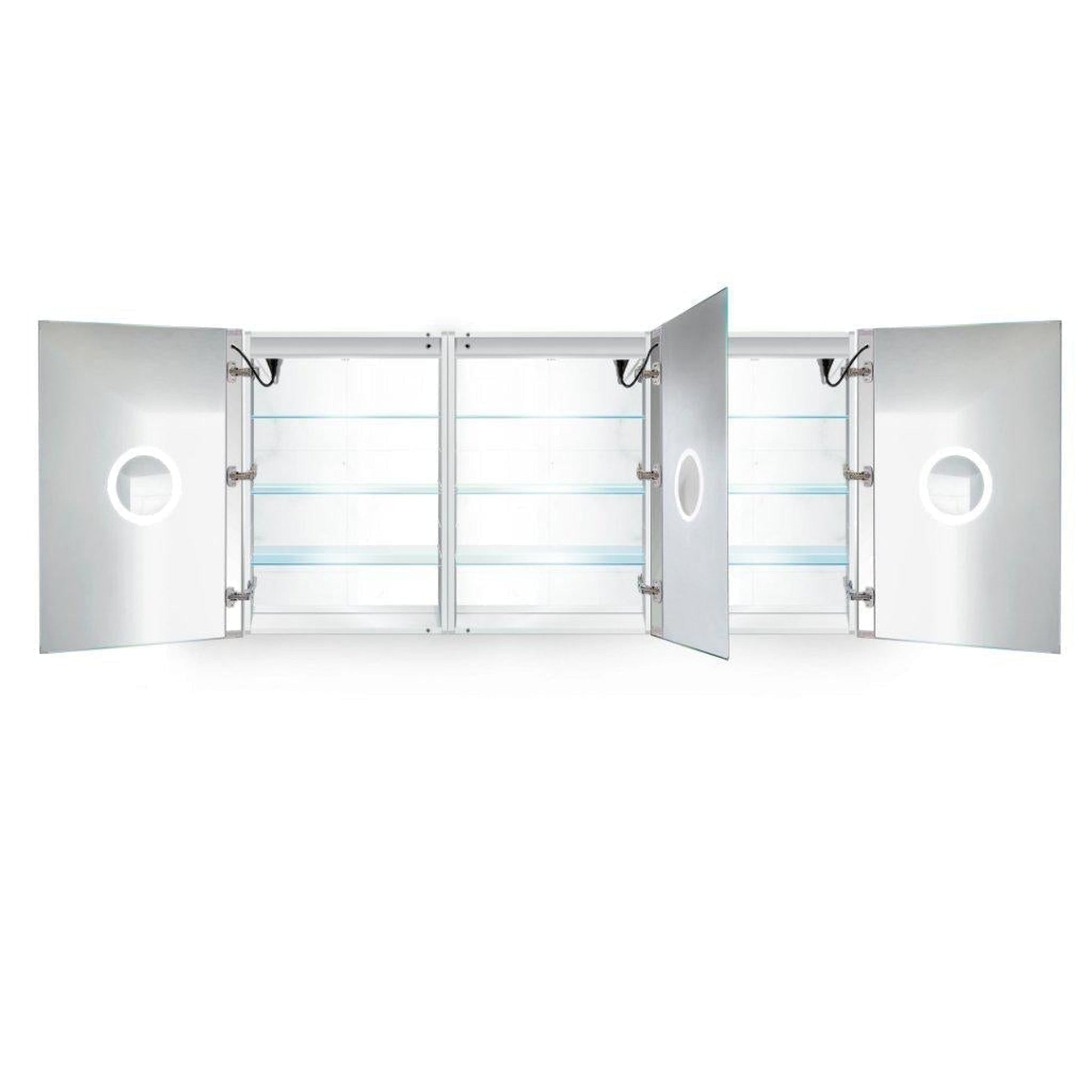 Krugg Reflections Svange 72" x 36" 5000K Tri-View Left-Right-Right Opening Recessed/Surface-Mount Illuminated Silver Backed LED Medicine Cabinet Mirror With Built-in Defogger, Dimmer and Electrical Outlet