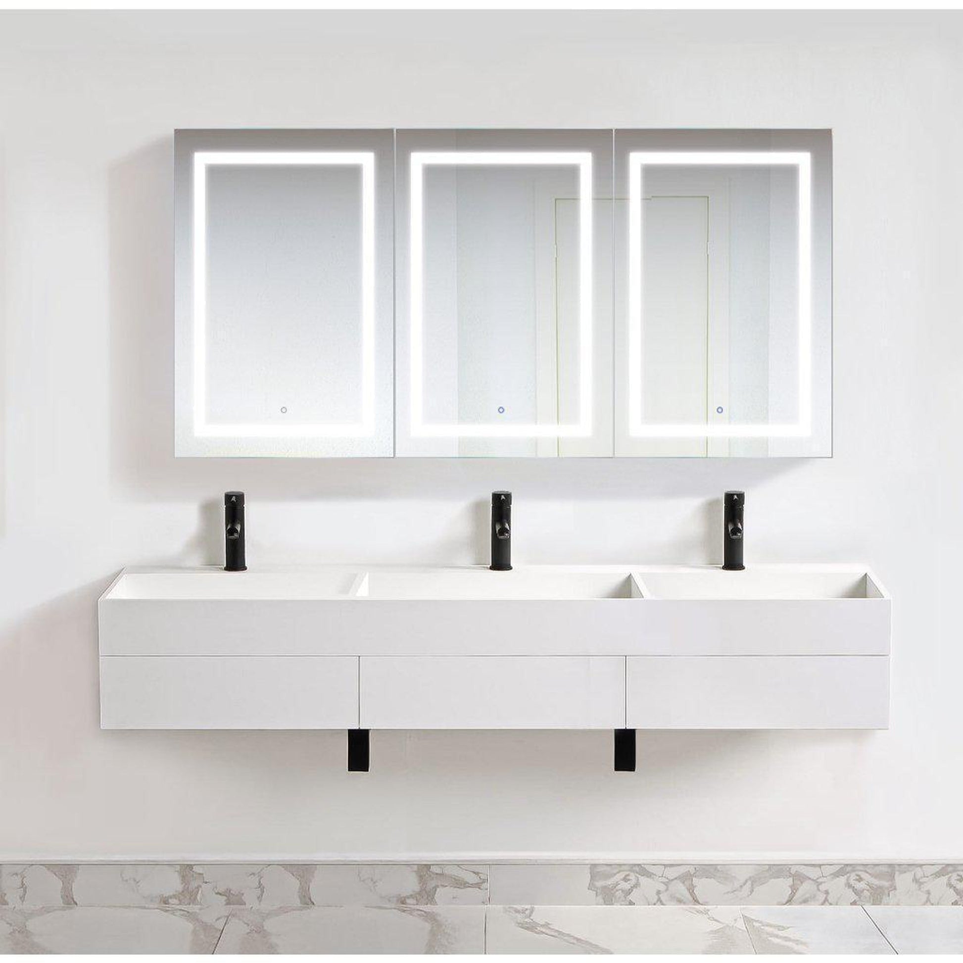 Krugg Reflections Svange 72" x 36" 5000K Tri-View Left-Right-Right Opening Recessed/Surface-Mount Illuminated Silver Backed LED Medicine Cabinet Mirror With Built-in Defogger, Dimmer and Electrical Outlet