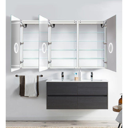 Krugg Reflections Svange 72" x 42" 5000K Tri-View Left-Left-Right Opening Recessed/Surface-Mount Illuminated Silver Backed LED Medicine Cabinet Mirror With Built-in Defogger, Dimmer and Electrical Outlet