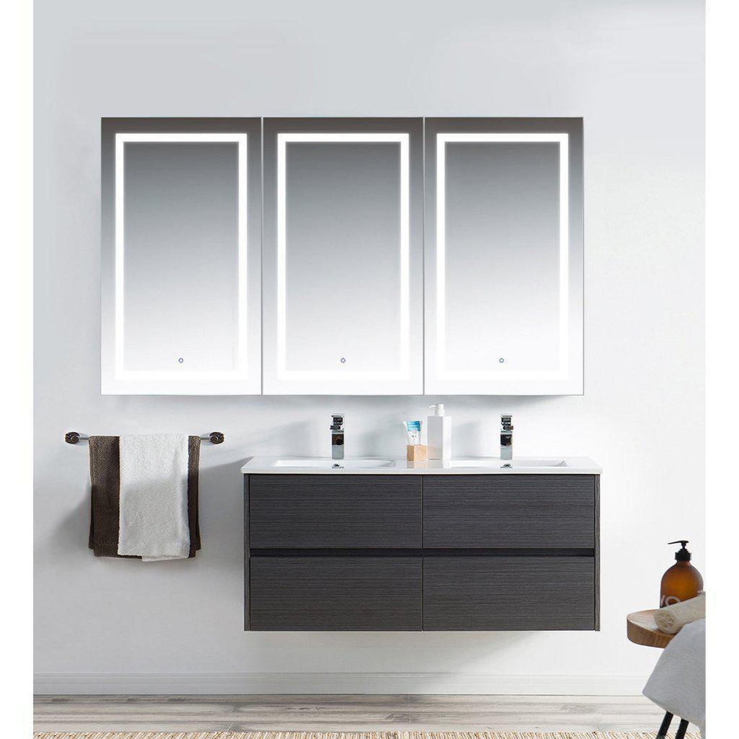 Krugg Reflections Svange 72" x 42" 5000K Tri-View Left-Left-Right Opening Recessed/Surface-Mount Illuminated Silver Backed LED Medicine Cabinet Mirror With Built-in Defogger, Dimmer and Electrical Outlet