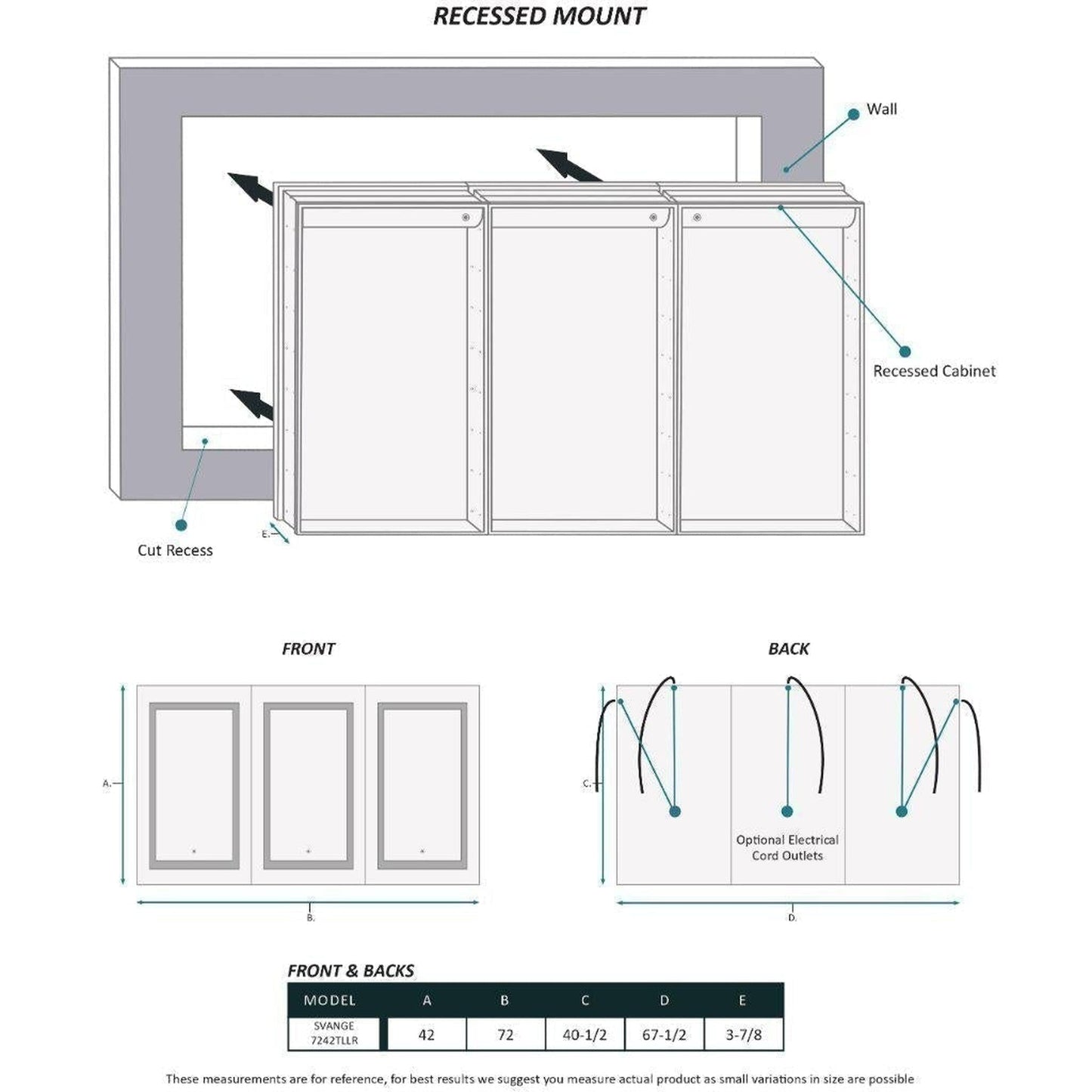 Krugg Reflections Svange 72" x 42" 5000K Tri-View Left-Left-Right Opening Recessed/Surface-Mount Illuminated Silver Backed LED Medicine Cabinet Mirror With Built-in Defogger, Dimmer and Electrical Outlet