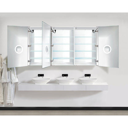 Krugg Reflections Svange 72" x 42" 5000K Tri-View Left-Left-Right Opening Recessed/Surface-Mount Illuminated Silver Backed LED Medicine Cabinet Mirror With Built-in Defogger, Dimmer and Electrical Outlet