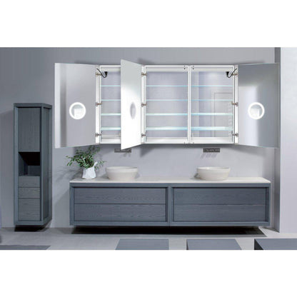 Krugg Reflections Svange 72" x 42" 5000K Tri-View Left-Left-Right Opening Recessed/Surface-Mount Illuminated Silver Backed LED Medicine Cabinet Mirror With Built-in Defogger, Dimmer and Electrical Outlet