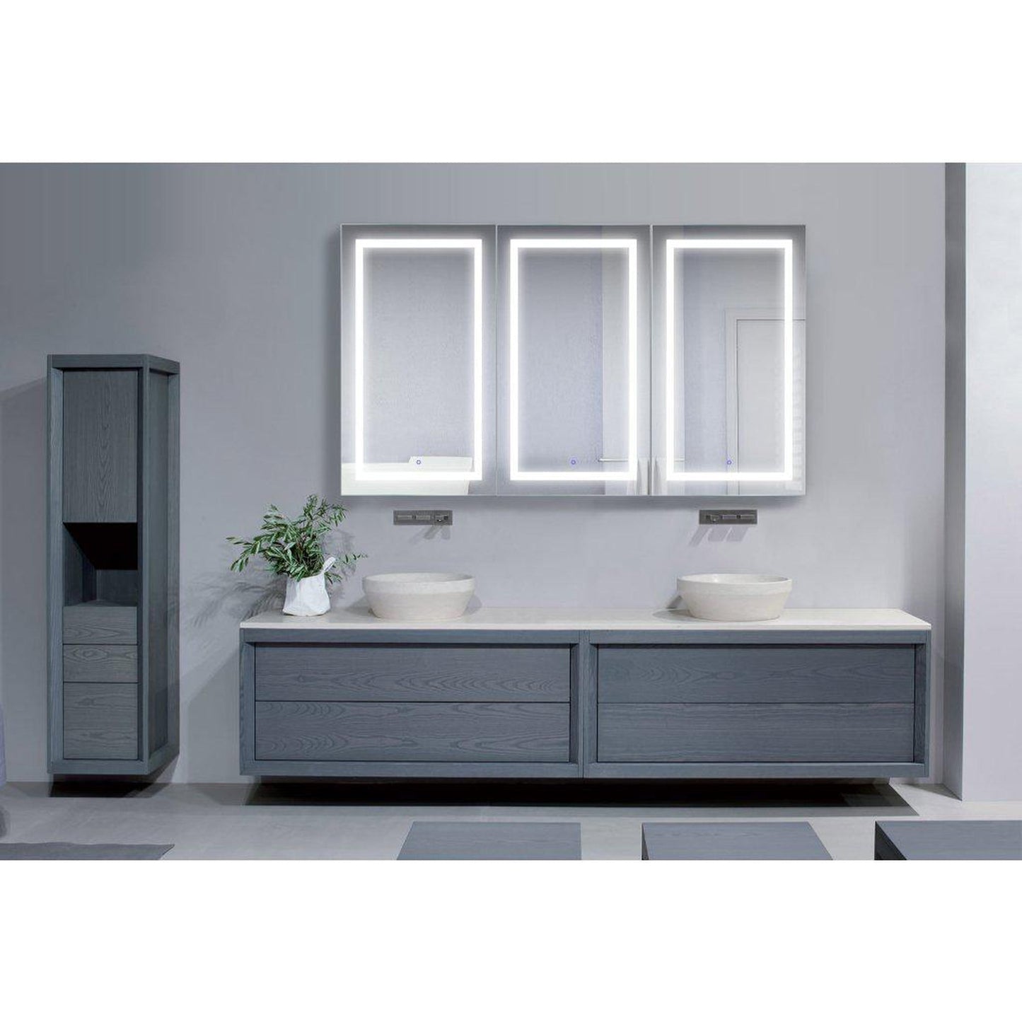 Krugg Reflections Svange 72" x 42" 5000K Tri-View Left-Left-Right Opening Recessed/Surface-Mount Illuminated Silver Backed LED Medicine Cabinet Mirror With Built-in Defogger, Dimmer and Electrical Outlet
