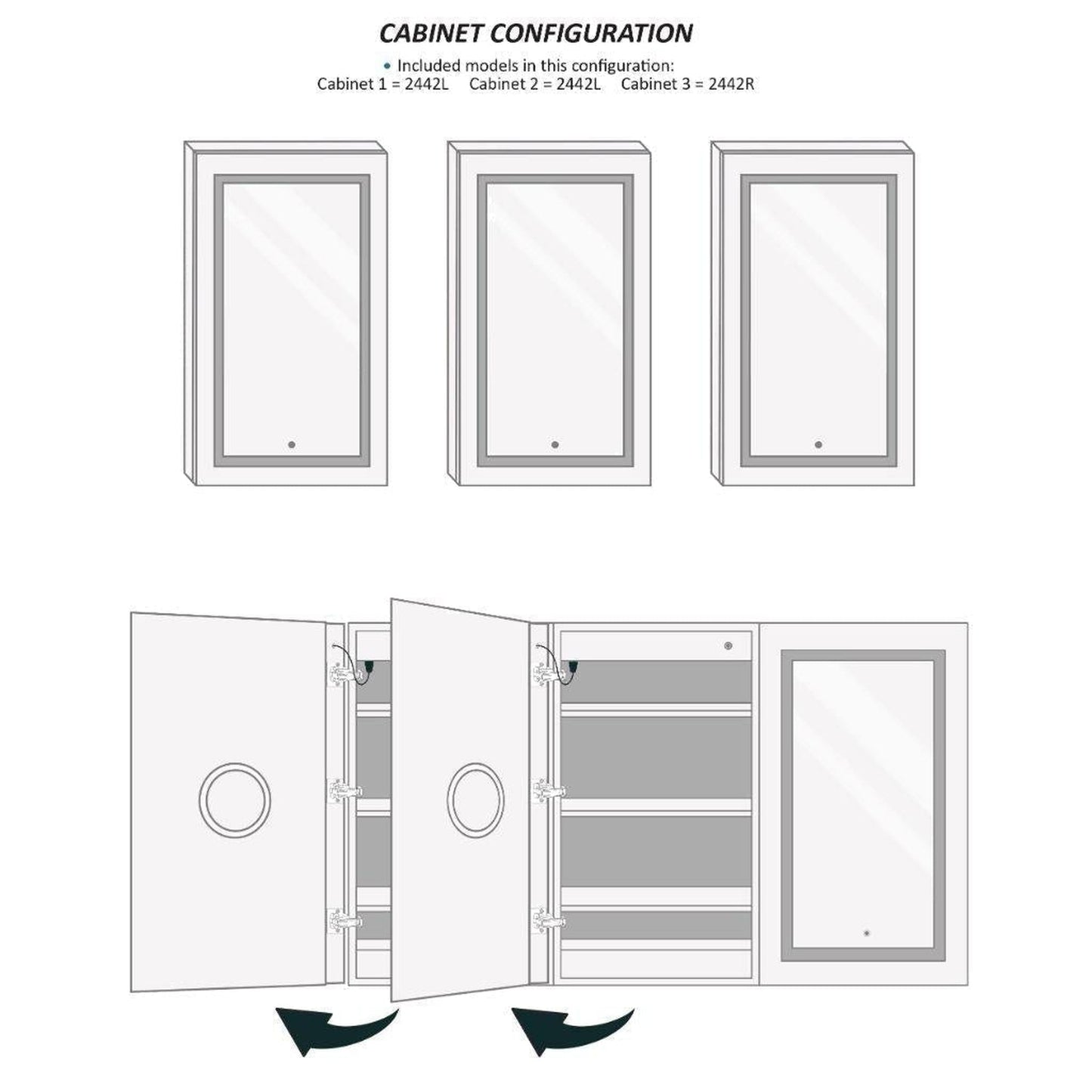 Krugg Reflections Svange 72" x 42" 5000K Tri-View Left-Left-Right Opening Recessed/Surface-Mount Illuminated Silver Backed LED Medicine Cabinet Mirror With Built-in Defogger, Dimmer and Electrical Outlet