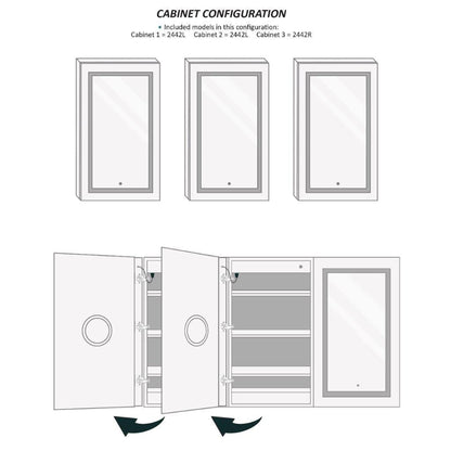 Krugg Reflections Svange 72" x 42" 5000K Tri-View Left-Left-Right Opening Recessed/Surface-Mount Illuminated Silver Backed LED Medicine Cabinet Mirror With Built-in Defogger, Dimmer and Electrical Outlet