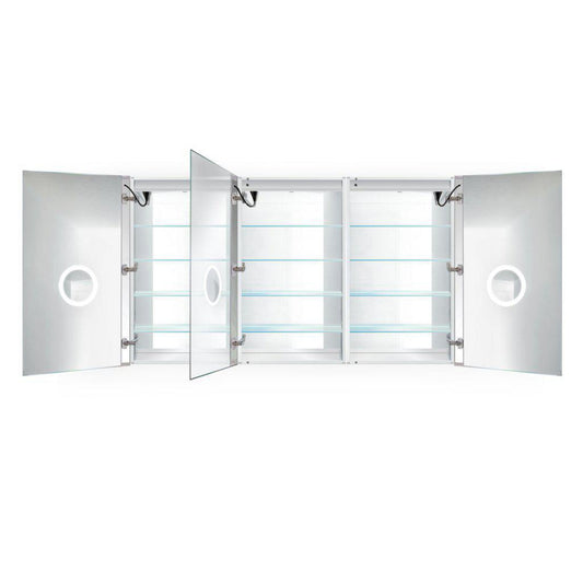 Krugg Reflections Svange 72" x 42" 5000K Tri-View Left-Left-Right Opening Recessed/Surface-Mount Illuminated Silver Backed LED Medicine Cabinet Mirror With Built-in Defogger, Dimmer and Electrical Outlet