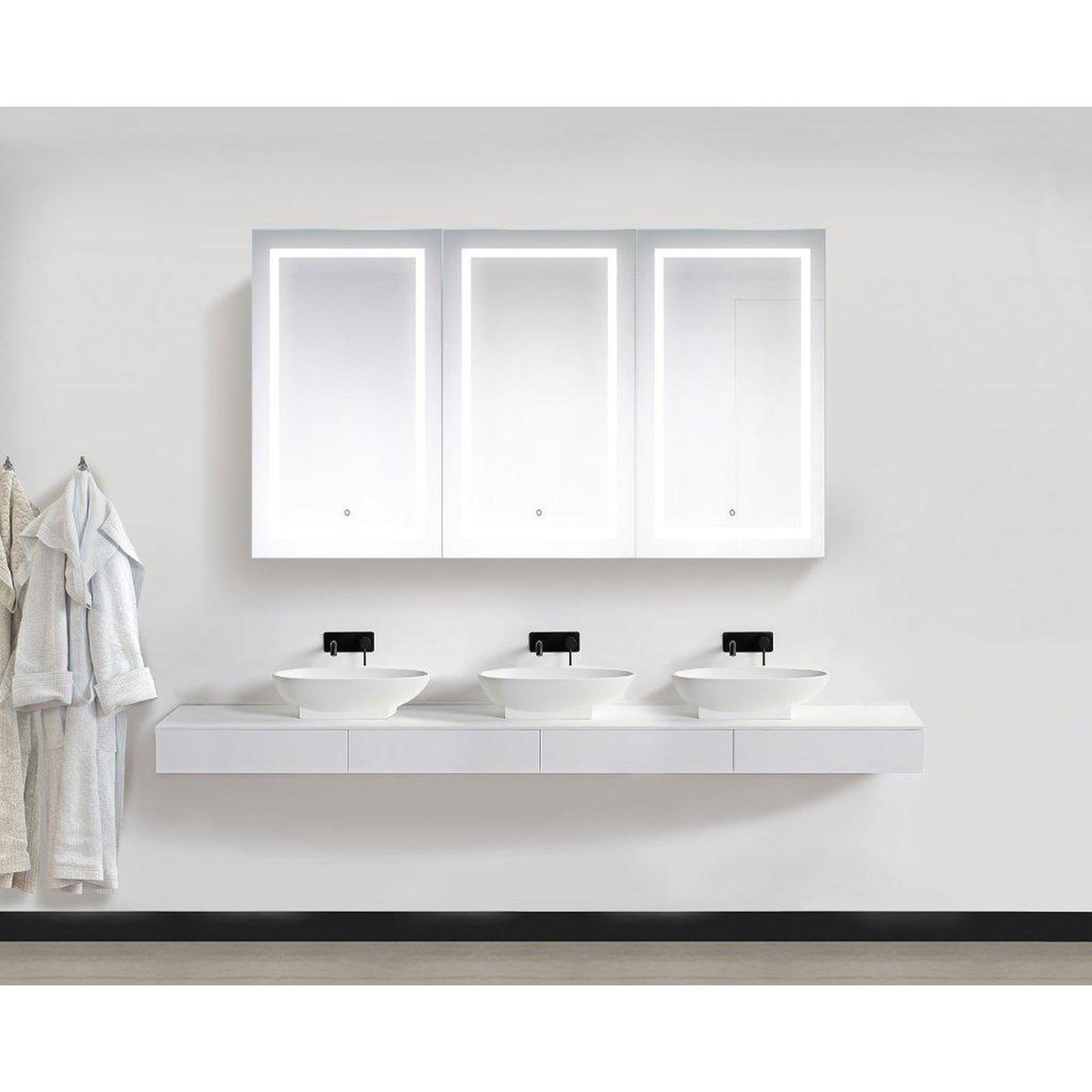 Krugg Reflections Svange 72" x 42" 5000K Tri-View Left-Right-Right Opening Recessed/Surface-Mount Illuminated Silver Backed LED Medicine Cabinet Mirror With Built-in Defogger, Dimmer and Electrical Outlet