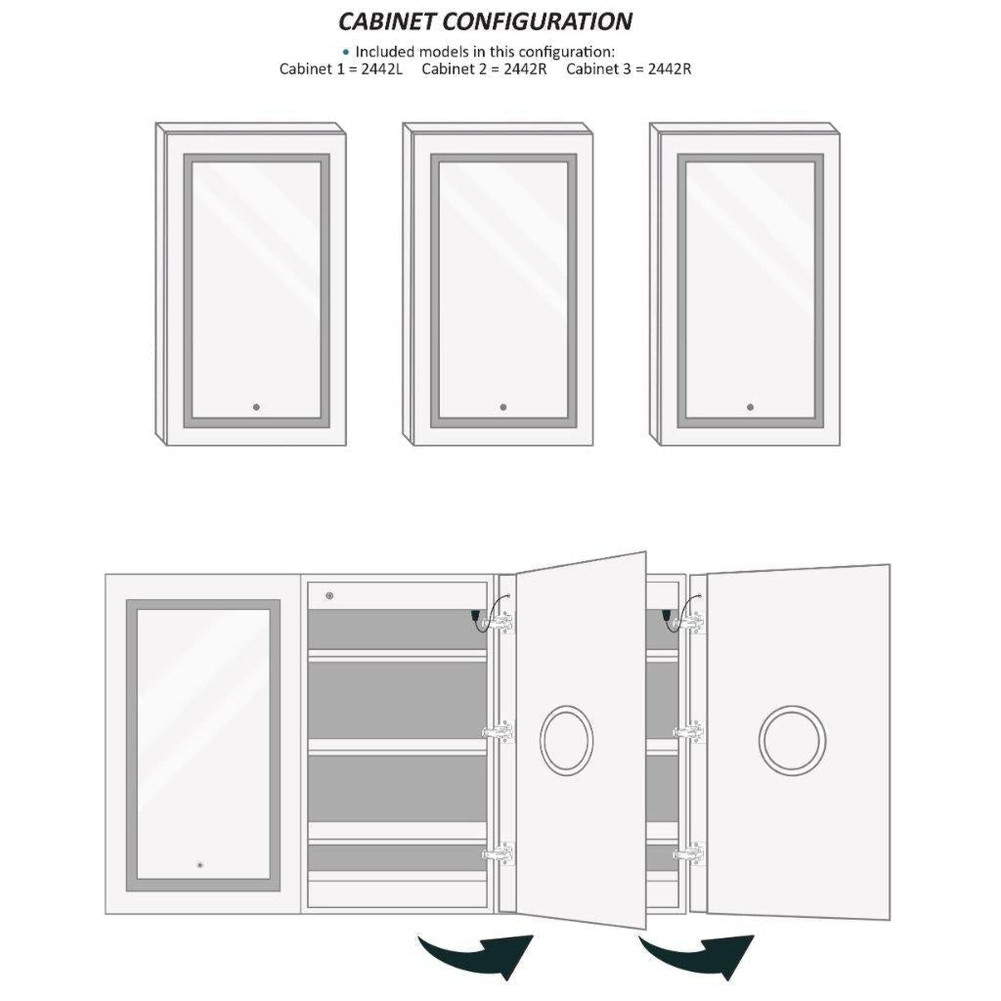 Krugg Reflections Svange 72" x 42" 5000K Tri-View Left-Right-Right Opening Recessed/Surface-Mount Illuminated Silver Backed LED Medicine Cabinet Mirror With Built-in Defogger, Dimmer and Electrical Outlet