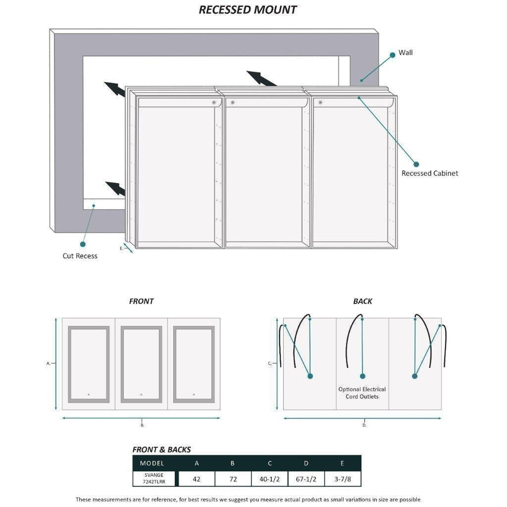 Krugg Reflections Svange 72" x 42" 5000K Tri-View Left-Right-Right Opening Recessed/Surface-Mount Illuminated Silver Backed LED Medicine Cabinet Mirror With Built-in Defogger, Dimmer and Electrical Outlet