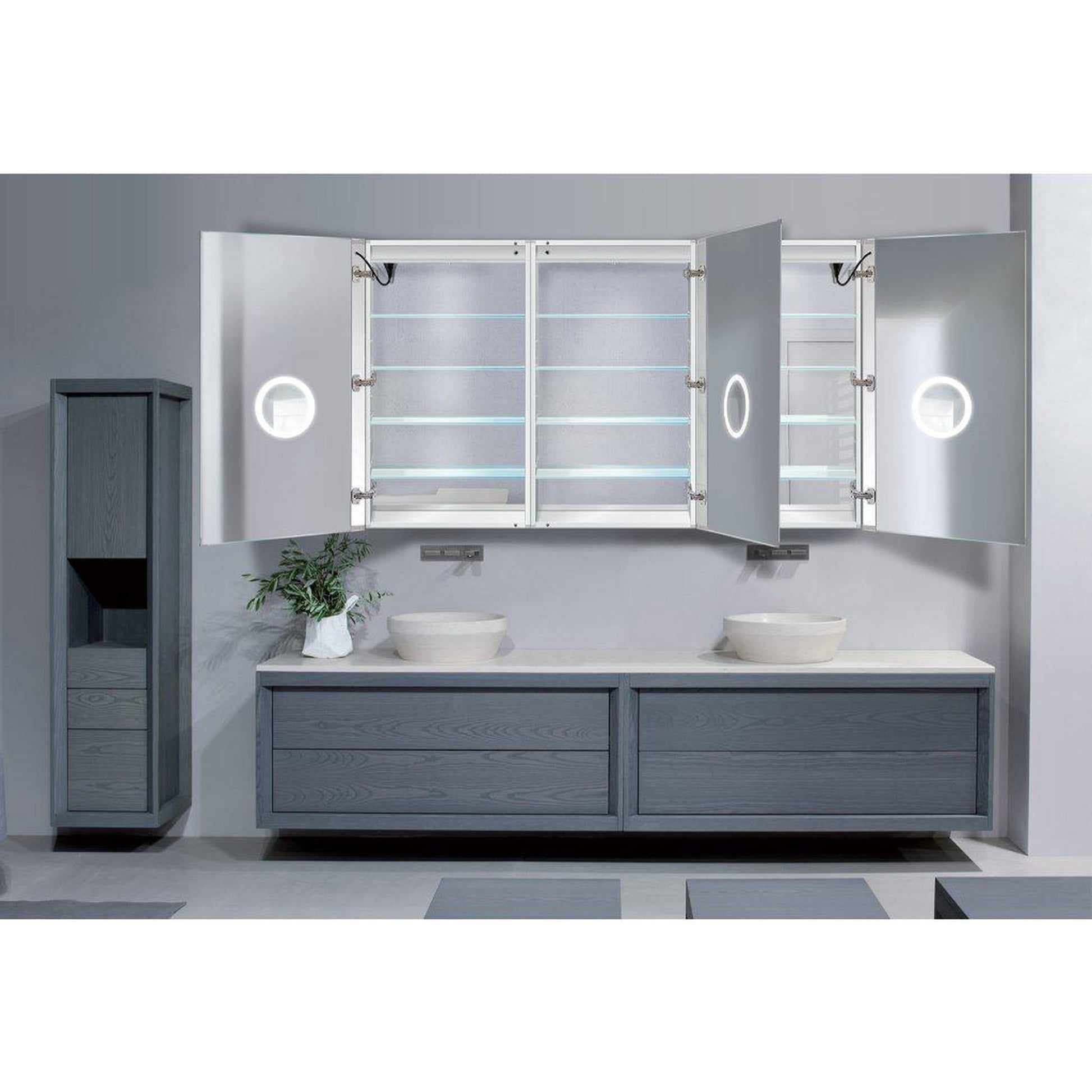 Krugg Reflections Svange 72" x 42" 5000K Tri-View Left-Right-Right Opening Recessed/Surface-Mount Illuminated Silver Backed LED Medicine Cabinet Mirror With Built-in Defogger, Dimmer and Electrical Outlet