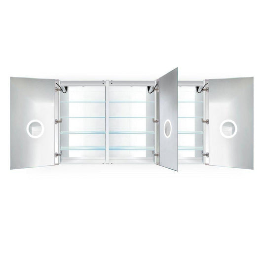 Krugg Reflections Svange 72" x 42" 5000K Tri-View Left-Right-Right Opening Recessed/Surface-Mount Illuminated Silver Backed LED Medicine Cabinet Mirror With Built-in Defogger, Dimmer and Electrical Outlet