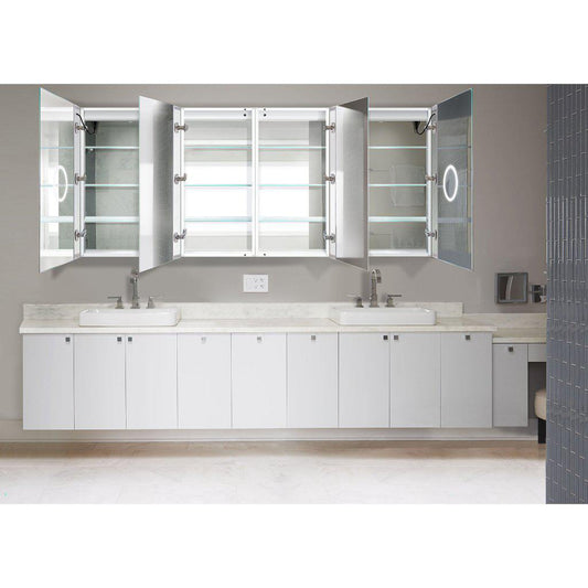 Krugg Reflections Svange 84" x 36" 5000K Double Quad-View Left-Left-Right-Right Opening Recessed/Surface-Mount Illuminated Silver Backed LED Medicine Cabinet Mirror With Built-in Defogger, Dimmer and Electrical Outlet
