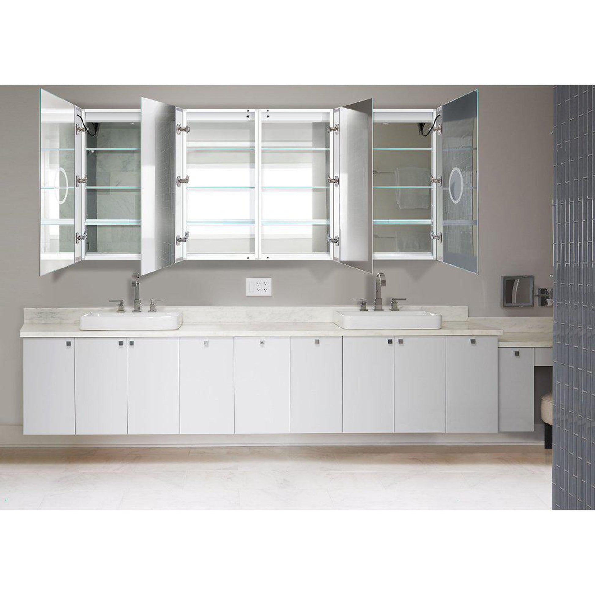 Krugg Reflections Svange 84" x 36" 5000K Double Quad-View Left-Left-Right-Right Opening Recessed/Surface-Mount Illuminated Silver Backed LED Medicine Cabinet Mirror With Built-in Defogger, Dimmer and Electrical Outlet