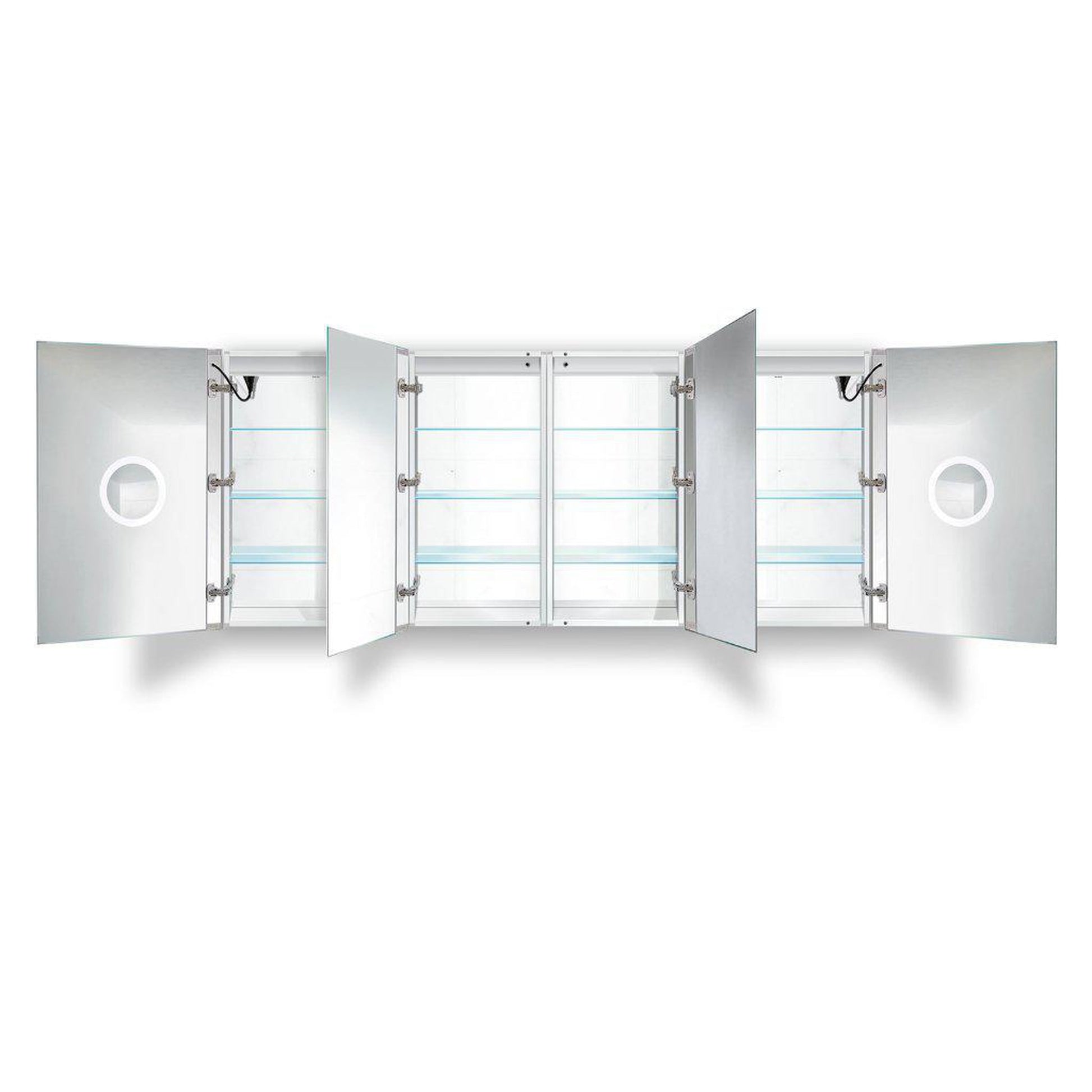 Krugg Reflections Svange 84" x 36" 5000K Double Quad-View Left-Left-Right-Right Opening Recessed/Surface-Mount Illuminated Silver Backed LED Medicine Cabinet Mirror With Built-in Defogger, Dimmer and Electrical Outlet