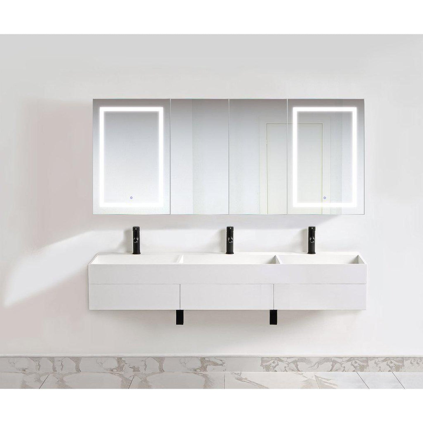 Krugg Reflections Svange 84" x 36" 5000K Double Quad-View Left-Left-Right-Right Opening Recessed/Surface-Mount Illuminated Silver Backed LED Medicine Cabinet Mirror With Built-in Defogger, Dimmer and Electrical Outlet