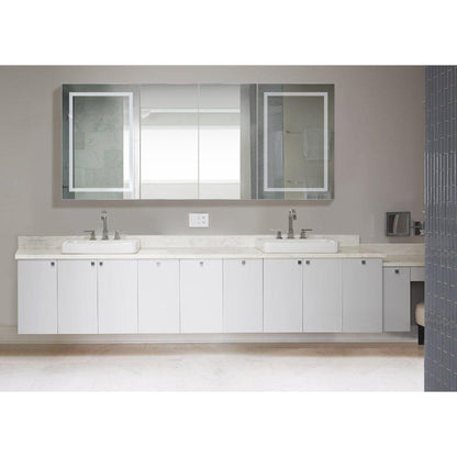 Krugg Reflections Svange 84" x 36" 5000K Double Quad-View Left-Left-Right-Right Opening Recessed/Surface-Mount Illuminated Silver Backed LED Medicine Cabinet Mirror With Built-in Defogger, Dimmer and Electrical Outlet