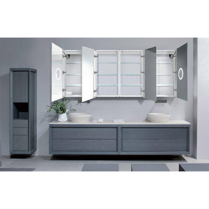 Krugg Reflections Svange 84" x 36" 5000K Double Quad-View Left-Left-Right-Right Opening Recessed/Surface-Mount Illuminated Silver Backed LED Medicine Cabinet Mirror With Built-in Defogger, Dimmer and Electrical Outlet