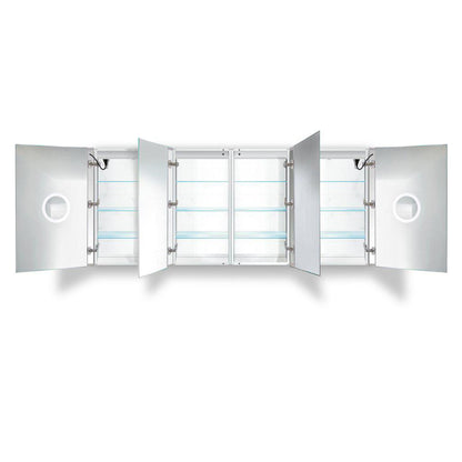 Krugg Reflections Svange 84" x 36" 5000K Double Quad-View Left-Left-Right-Right Opening Recessed/Surface-Mount Illuminated Silver Backed LED Medicine Cabinet Mirror With Built-in Defogger, Dimmer and Electrical Outlet