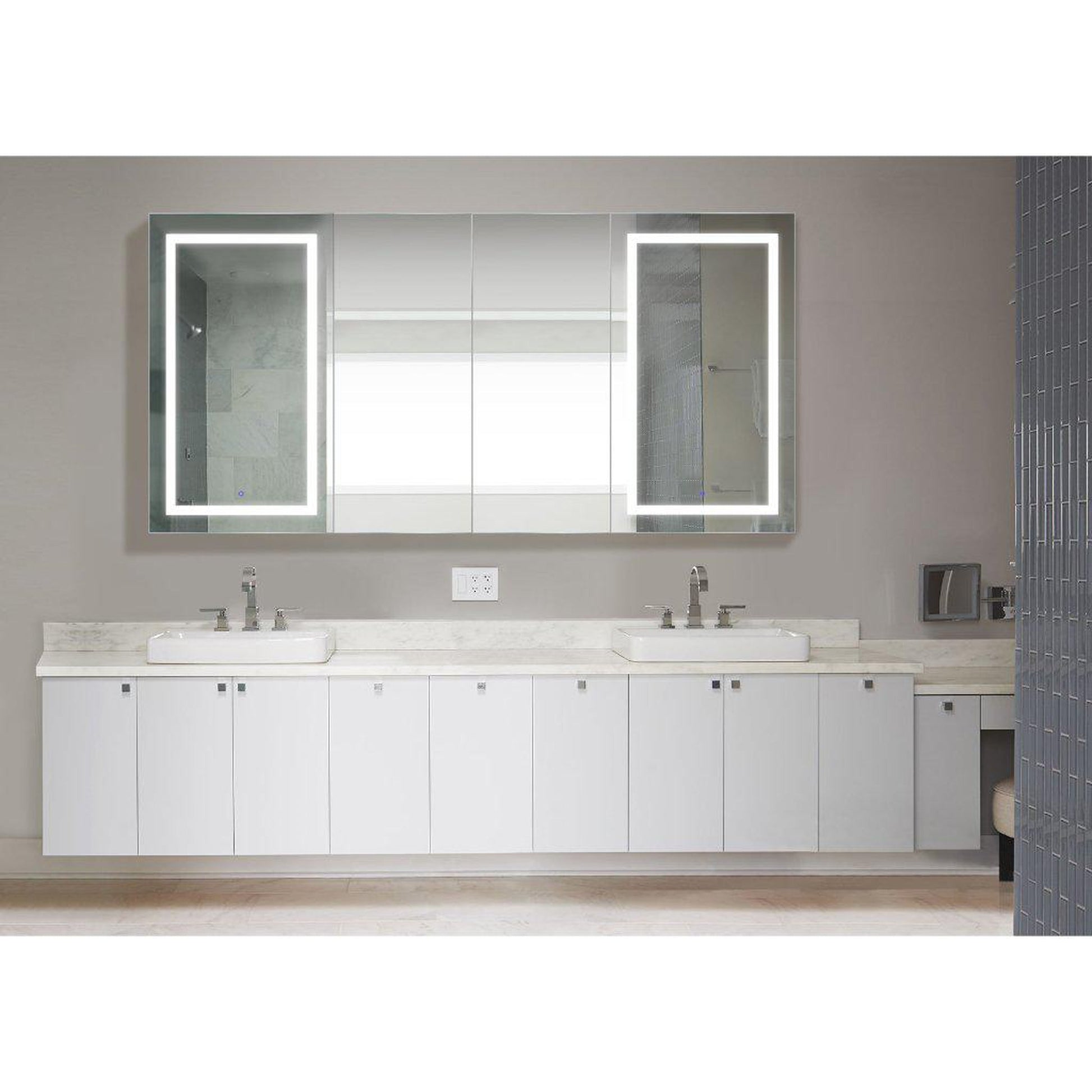 Krugg Reflections Svange 84" x 42" 5000K Double Quad-View Left-Left-Right-Right Opening Recessed/Surface-Mount Illuminated Silver Backed LED Medicine Cabinet Mirror With Built-in Defogger, Dimmer and Electrical Outlet