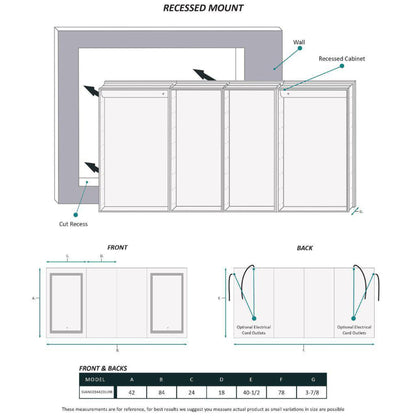 Krugg Reflections Svange 84" x 42" 5000K Double Quad-View Left-Left-Right-Right Opening Recessed/Surface-Mount Illuminated Silver Backed LED Medicine Cabinet Mirror With Built-in Defogger, Dimmer and Electrical Outlet