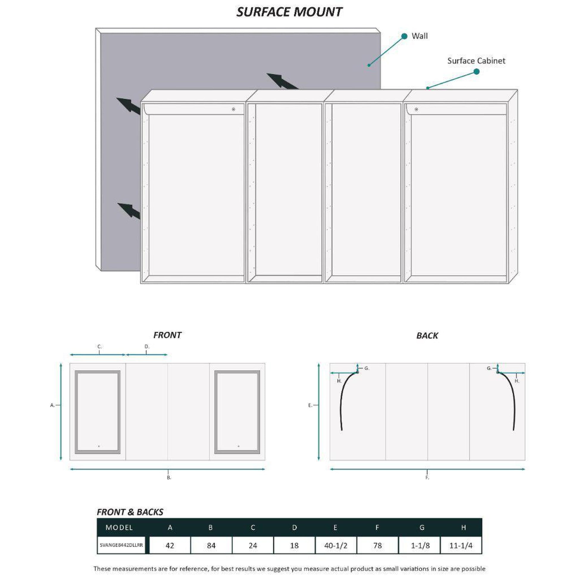 Krugg Reflections Svange 84" x 42" 5000K Double Quad-View Left-Left-Right-Right Opening Recessed/Surface-Mount Illuminated Silver Backed LED Medicine Cabinet Mirror With Built-in Defogger, Dimmer and Electrical Outlet