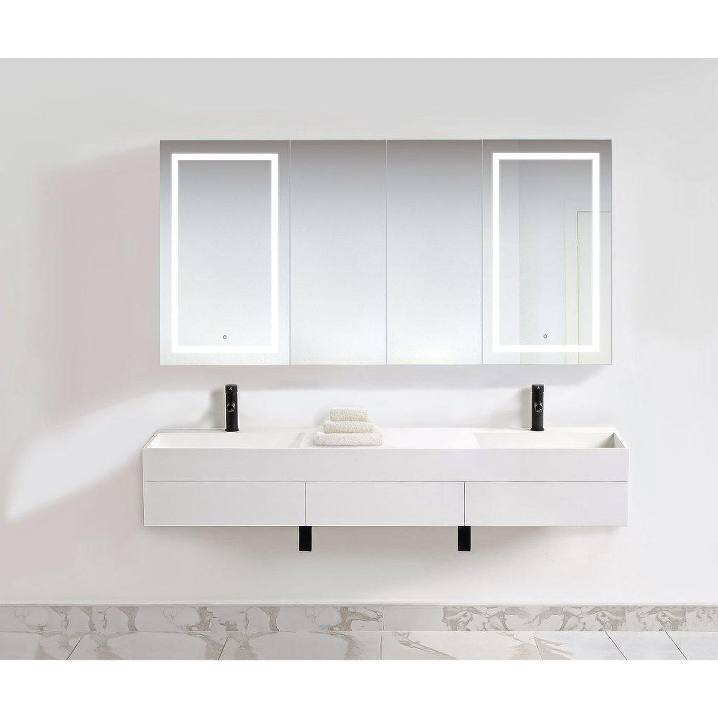 Krugg Reflections Svange 84" x 42" 5000K Double Quad-View Left-Left-Right-Right Opening Recessed/Surface-Mount Illuminated Silver Backed LED Medicine Cabinet Mirror With Built-in Defogger, Dimmer and Electrical Outlet