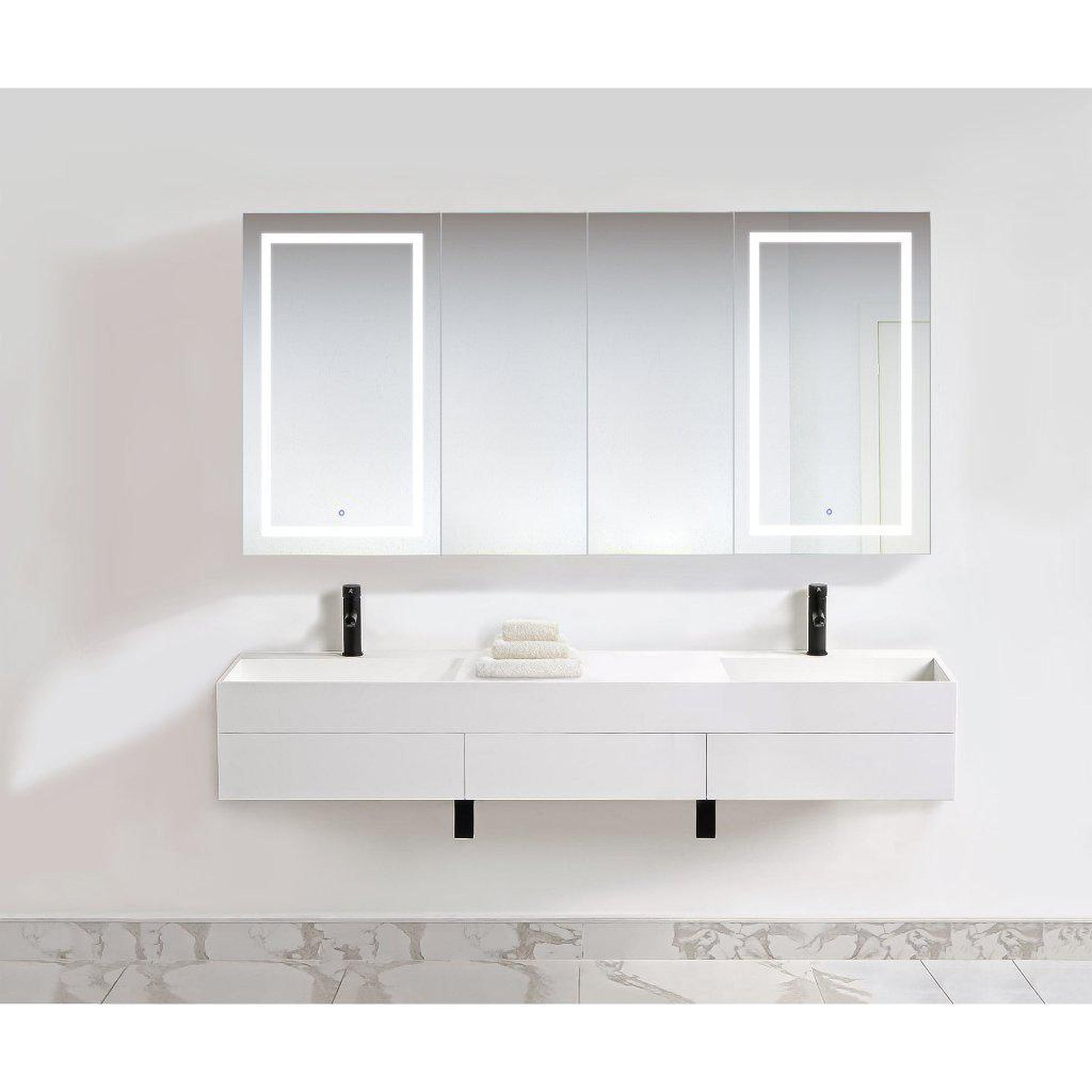 Krugg Reflections Svange 84" x 42" 5000K Double Quad-View Left-Left-Right-Right Opening Recessed/Surface-Mount Illuminated Silver Backed LED Medicine Cabinet Mirror With Built-in Defogger, Dimmer and Electrical Outlet