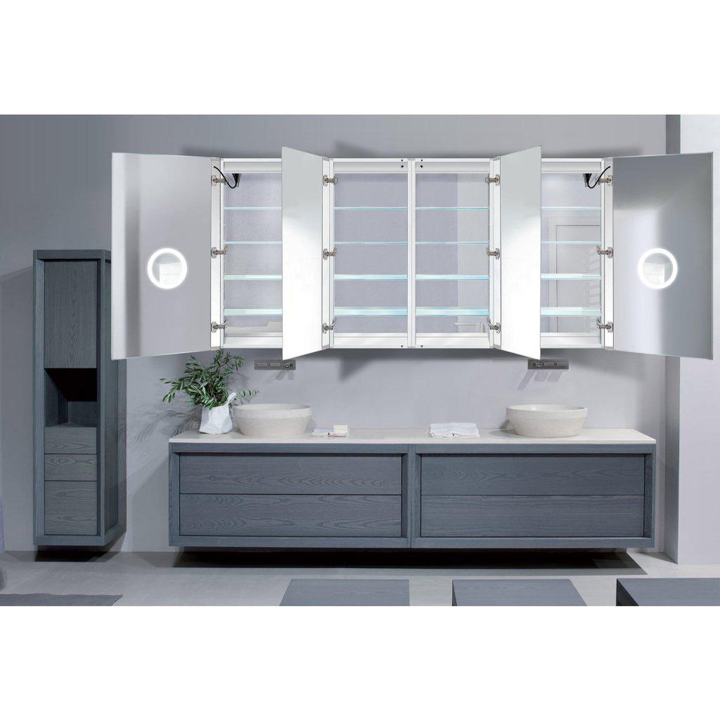 Krugg Reflections Svange 84" x 42" 5000K Double Quad-View Left-Left-Right-Right Opening Recessed/Surface-Mount Illuminated Silver Backed LED Medicine Cabinet Mirror With Built-in Defogger, Dimmer and Electrical Outlet