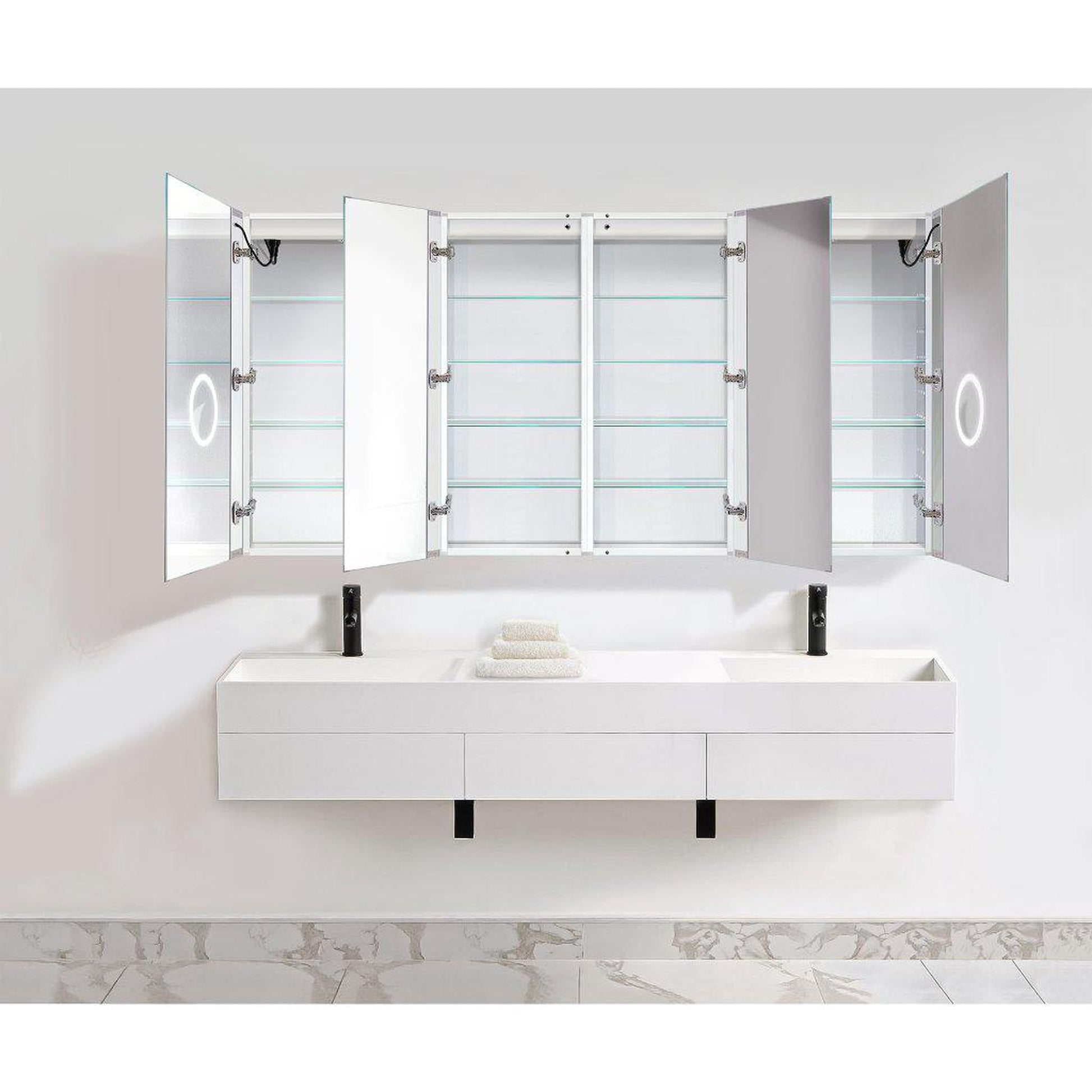 Krugg Reflections Svange 84" x 42" 5000K Double Quad-View Left-Left-Right-Right Opening Recessed/Surface-Mount Illuminated Silver Backed LED Medicine Cabinet Mirror With Built-in Defogger, Dimmer and Electrical Outlet