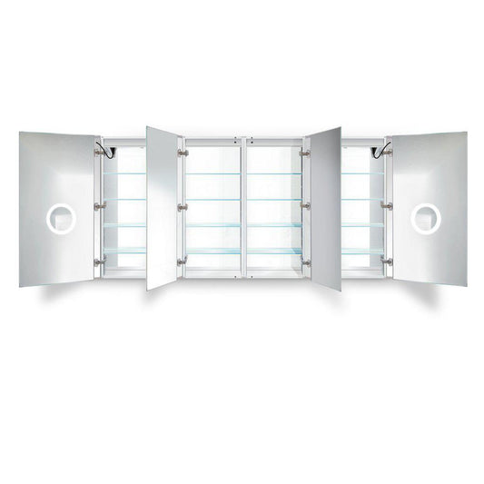 Krugg Reflections Svange 84" x 42" 5000K Double Quad-View Left-Left-Right-Right Opening Recessed/Surface-Mount Illuminated Silver Backed LED Medicine Cabinet Mirror With Built-in Defogger, Dimmer and Electrical Outlet