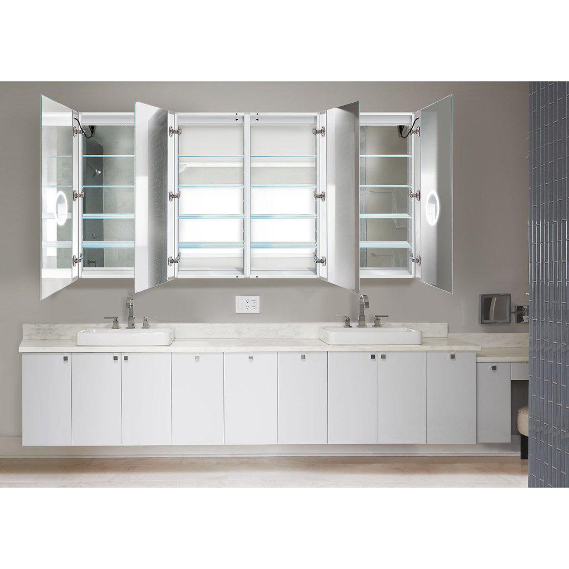 Krugg Reflections Svange 84" x 42" 5000K Double Quad-View Left-Left-Right-Right Opening Recessed/Surface-Mount Illuminated Silver Backed LED Medicine Cabinet Mirror With Built-in Defogger, Dimmer and Electrical Outlet