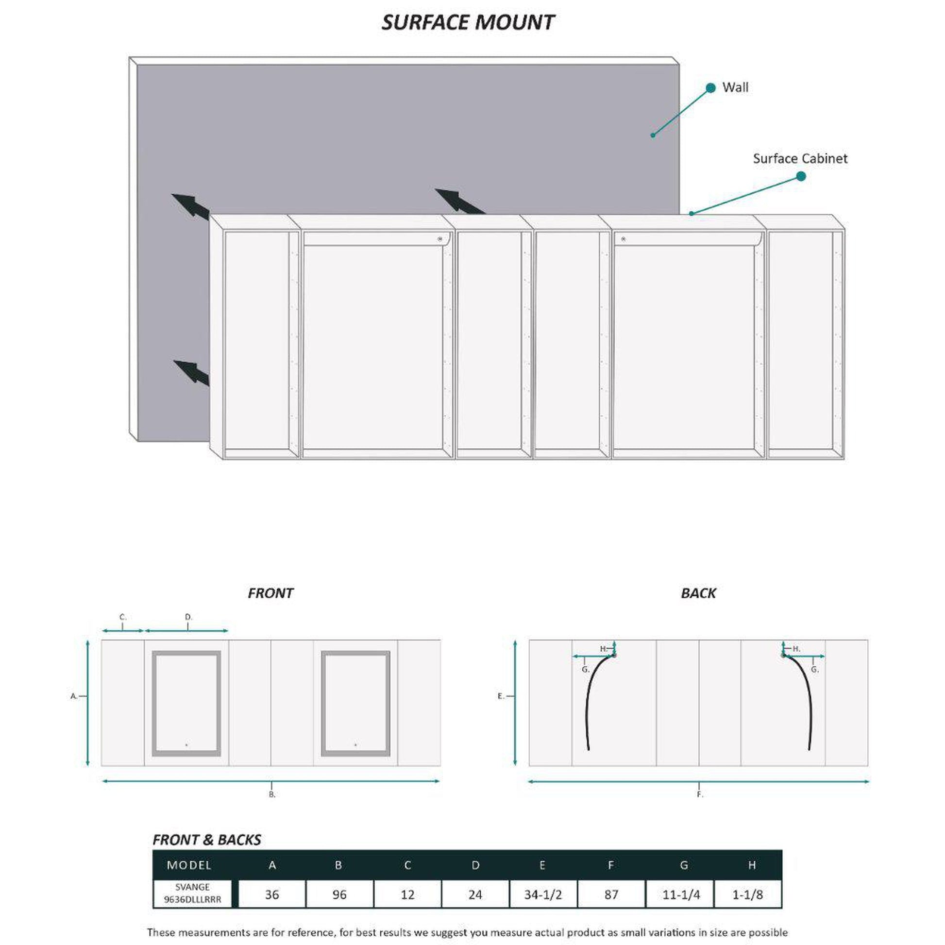 Krugg Reflections Svange 96" x 36" 5000K Double Hexa-View Left-Left-Left-Right-Right-Right Opening Recessed/Surface-Mount Illuminated Silver Backed LED Medicine Cabinet Mirror With Built-in Defogger, Dimmer and Electrical Outlet