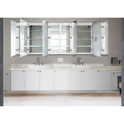 Krugg Reflections Svange 96" x 36" 5000K Double Hexa-View Left-Left-Left-Right-Right-Right Opening Recessed/Surface-Mount Illuminated Silver Backed LED Medicine Cabinet Mirror With Built-in Defogger, Dimmer and Electrical Outlet