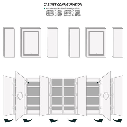 Krugg Reflections Svange 96" x 36" 5000K Double Hexa-View Left-Left-Left-Right-Right-Right Opening Recessed/Surface-Mount Illuminated Silver Backed LED Medicine Cabinet Mirror With Built-in Defogger, Dimmer and Electrical Outlet