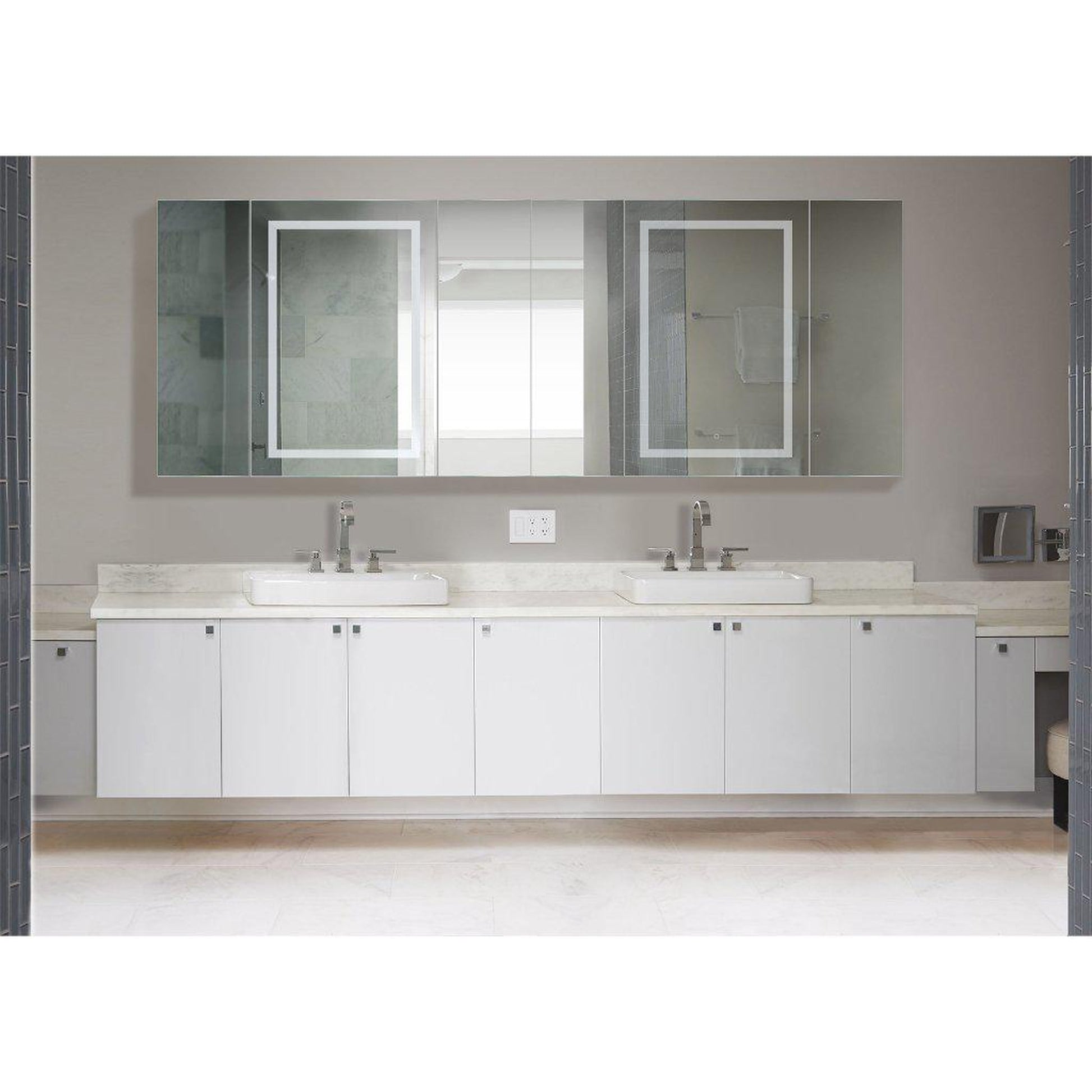 Krugg Reflections Svange 96" x 36" 5000K Double Hexa-View Left-Left-Left-Right-Right-Right Opening Recessed/Surface-Mount Illuminated Silver Backed LED Medicine Cabinet Mirror With Built-in Defogger, Dimmer and Electrical Outlet