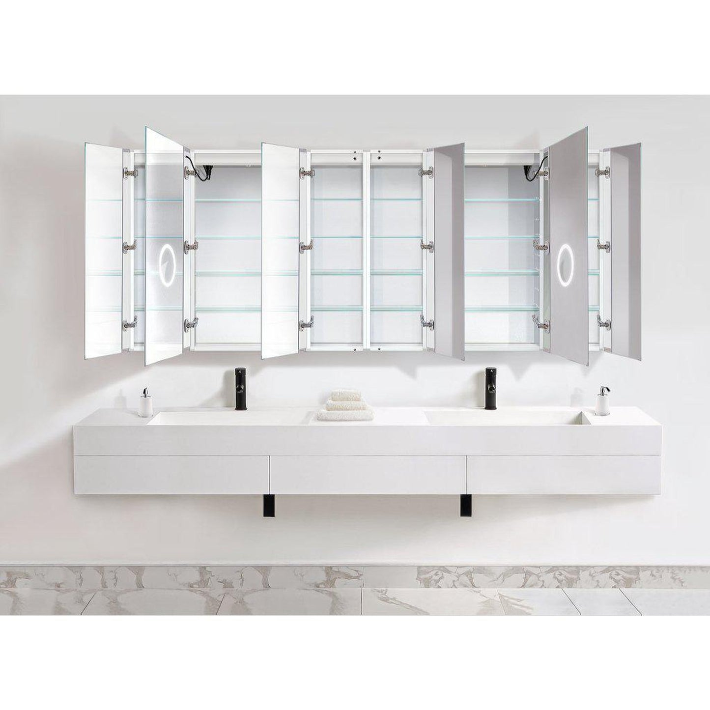 Krugg Reflections Svange 96" x 42" 5000K Double Hexa-View Left-Left-Left-Right-Right-Right Opening Recessed/Surface-Mount Illuminated Silver Backed LED Medicine Cabinet Mirror With Built-in Defogger, Dimmer and Electrical Outlet
